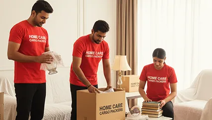 Movers organizing household boxes