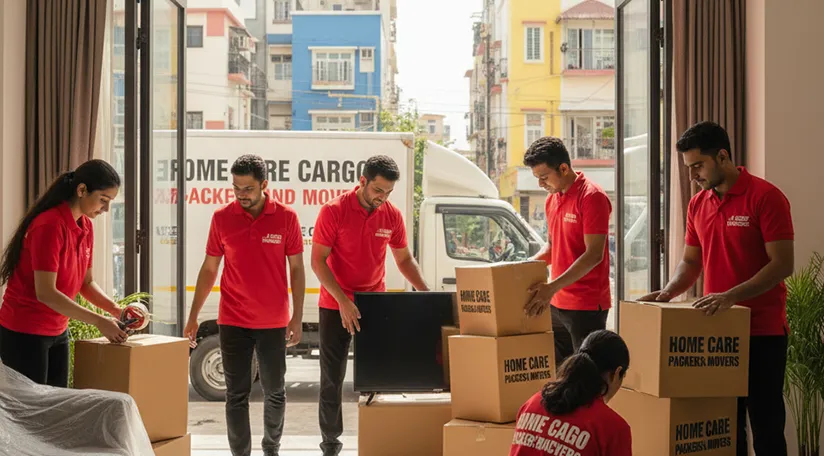 Movers efficiently packing and loading household items into a moving truck in a bustling urban neighborhood