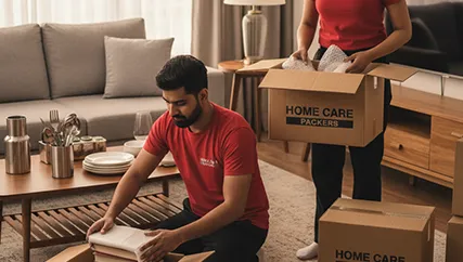 Professional movers securely packing and organizing household items in a home