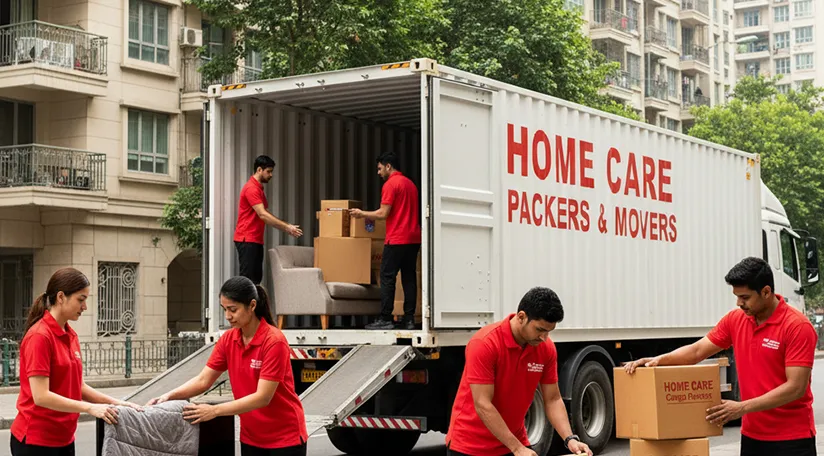 Movers efficiently packing household items into boxes and loading them onto a truck in a residential neighborhood