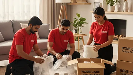 Movers packing fragile items into secure boxes for safe transportation