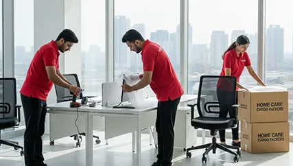 Office relocation services with movers handling office furniture and electronics