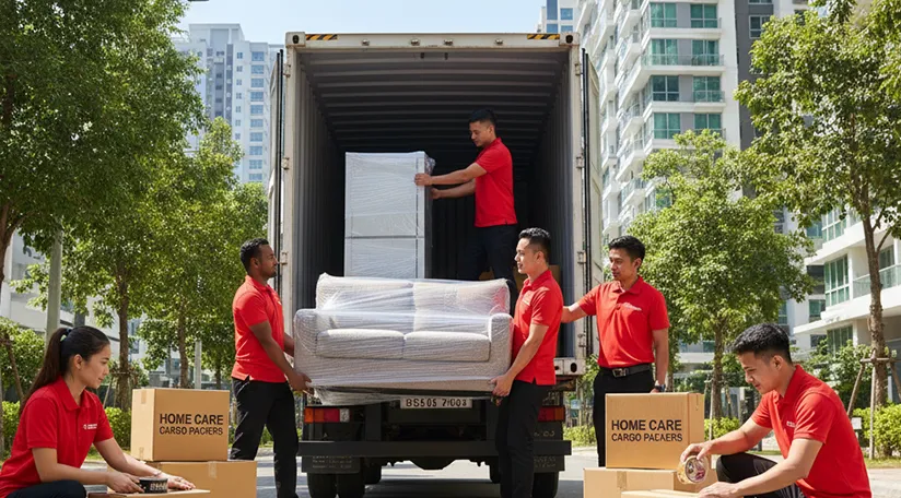 Movers carefully packing household items into boxes and loading them onto a truck in a residential neighborhood