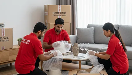Professional movers packing fragile items into secure boxes for safe transport