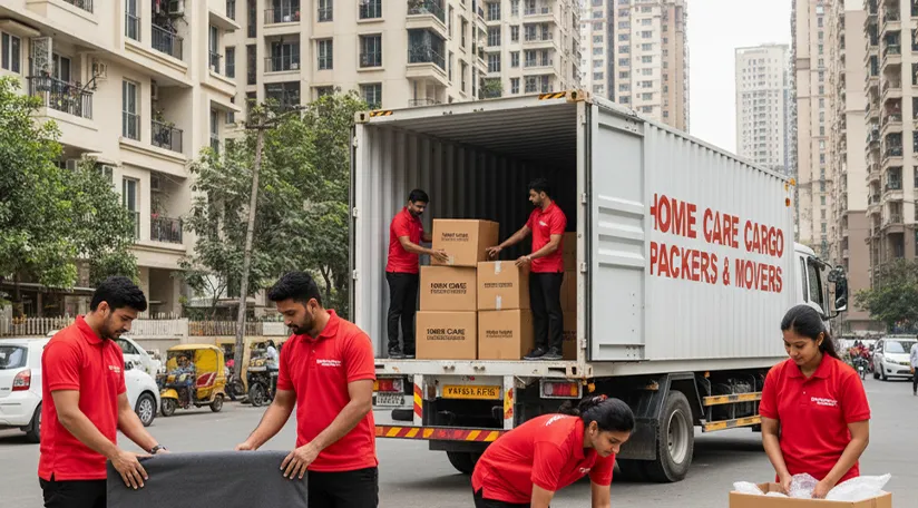 Movers carefully packing household items and loading them onto a truck in a busy urban neighborhood