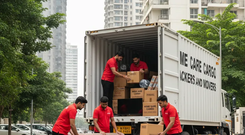 Movers efficiently packing household items and loading them onto a truck in a residential neighborhood in Sector 65