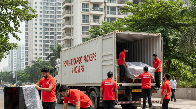 Movers packing household items into boxes and loading them onto a truck in a residential area in Sector 66