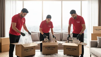 Movers carefully packing fragile items such as glassware into secure boxes in Sector 67