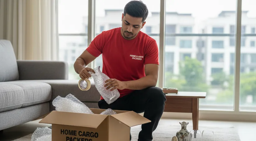Packers wrapping fragile items with bubble wrap in Sector 6A, Gurugram
