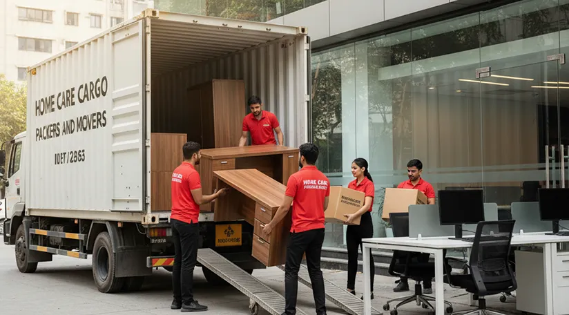Team of movers unloading office furniture in Sector 6A, Gurugram