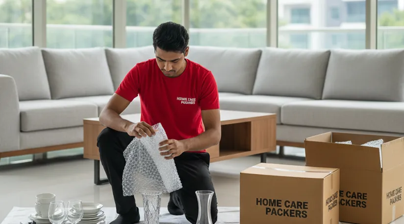 Movers packing fragile items in Sector 6A, Gurugram