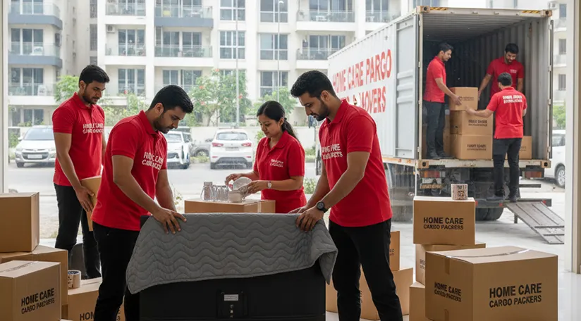 Movers packing household items and loading them onto a truck in a residential area in Sector 70