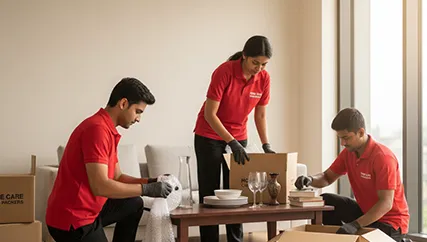 Movers carefully wrapping fragile items and securing them for transport