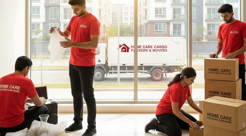 Movers packing household goods carefully and loading them onto a truck in a residential area of Sector 74