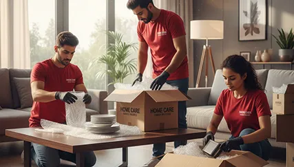 Movers wrapping fragile items and packing them carefully for transport in Sector 75