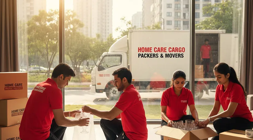 Movers carefully packing household goods and loading them onto a truck in a residential neighborhood of Sector 75