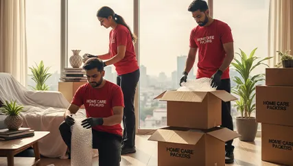 Movers wrapping fragile items and securing them for transport