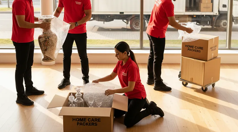 Movers packing household goods carefully and loading them onto a truck in Sector 77