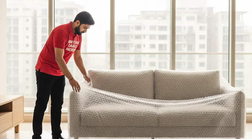 Movers wrapping and packing a sofa in Sector 8, Gurugram