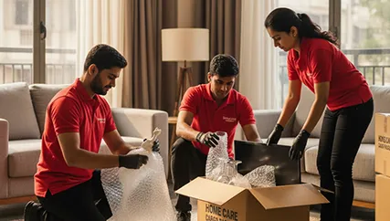 Movers wrapping fragile items with care and preparing them for transport