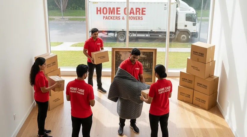 Movers carefully packing household items into boxes and loading them onto a truck in Sector 80