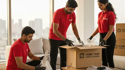 Movers wrapping fragile items with care and preparing them for transport in Sector 82