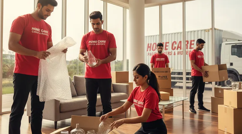 Movers packing household goods carefully and loading them onto a truck in a residential area of Sector 82
