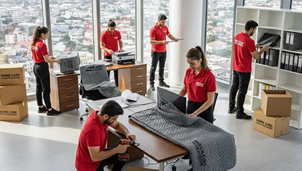 Office movers carefully disassembling furniture and packing electronics
