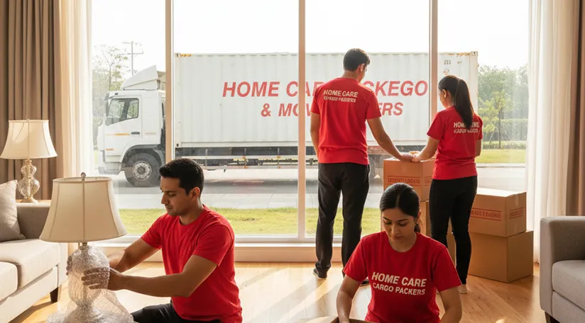 Movers packing household items carefully and loading them onto a truck in Sector 88A