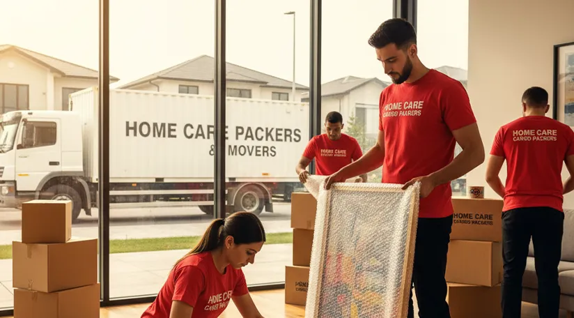 Movers packing household items and loading them onto a truck in a residential area of Sector 91