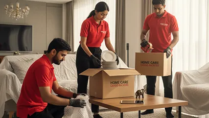 Movers carefully wrapping fragile items like glassware for transport