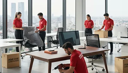 Office movers disassembling furniture and packing office equipment with care