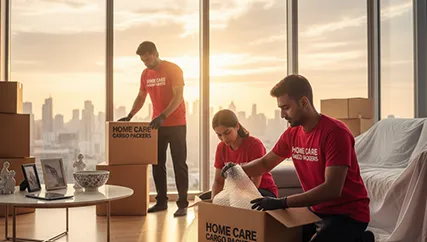 Movers wrapping fragile items carefully and preparing them for transport