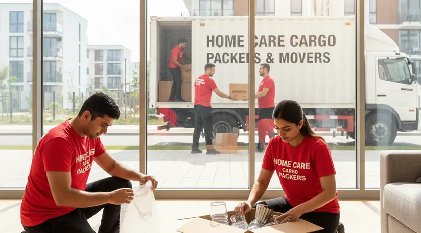 Movers carefully packing household goods and loading them onto a truck in Sector 96