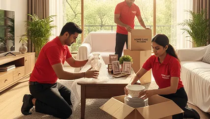 Movers wrapping fragile items like glassware with care for transport in Sector 97