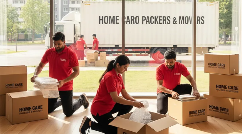 Movers packing household goods carefully and loading them onto a truck in Sector 97