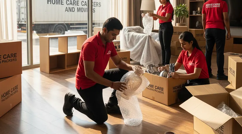 Movers packing household items and carefully loading them onto a truck in Sector M 10