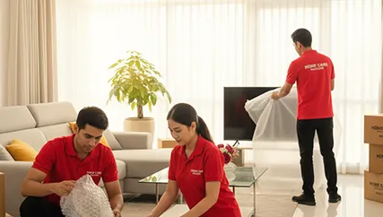 Movers wrapping fragile items like glassware and electronics with care in Sector M 13