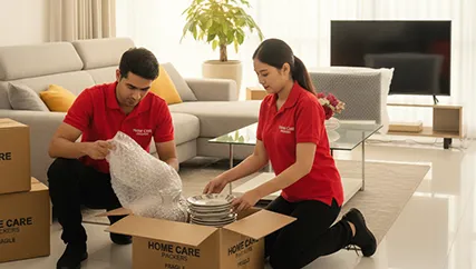 Movers wrapping fragile items like glassware and electronics with care in Sector M 16