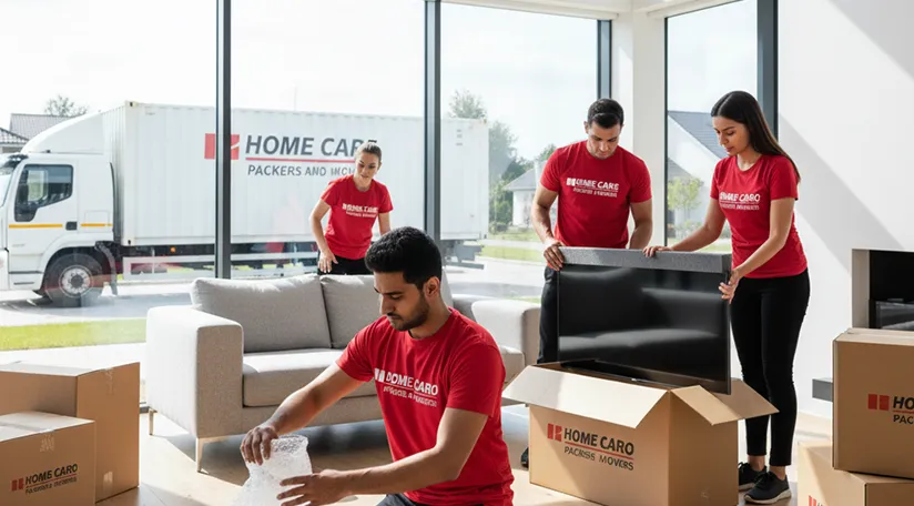 Movers carefully packing and loading fragile items into a truck in Sector M 18