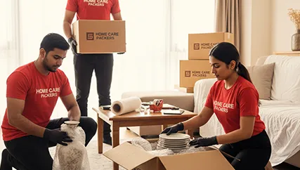 Movers wrapping fragile items with care for transport in Sector M 6