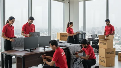 Office movers disassembling office furniture and packing electronics in Sector M 6