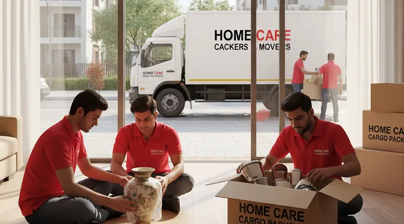 Movers packing household items carefully and loading them onto a truck in Sector M 6