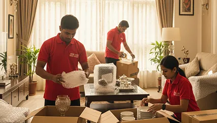 Movers wrapping fragile items with care for transport in Sector M 7