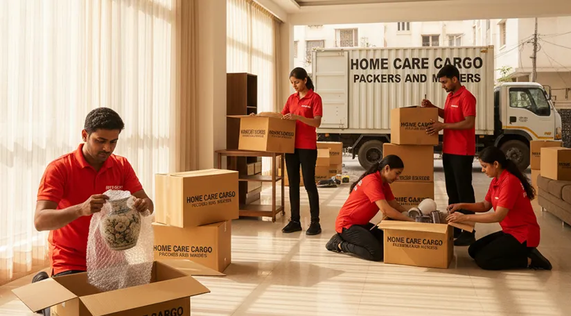 Movers packing household items and carefully loading them onto a truck in Sector M 7