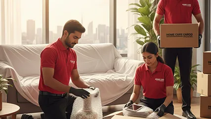 Movers wrapping fragile items like glassware and electronics with care in Sector M 3A