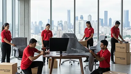 Office movers disassembling office furniture and packing electronics in Sector M 3A