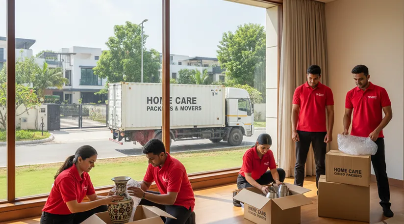 Movers packing household items and loading them onto a truck in Sector M 3A