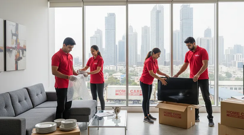 Movers packing household items and loading them into an apartment in Sohna Sector 11, Gurugram