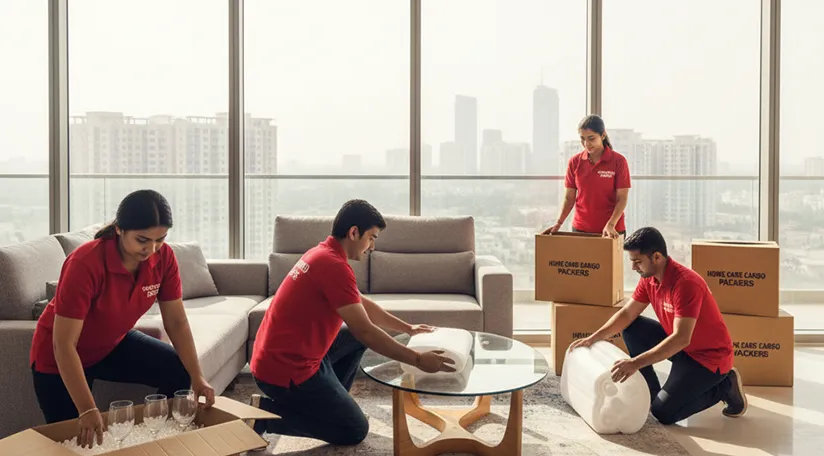 Movers packing household items in a modern apartment in Sohna Sector 14, Gurugram